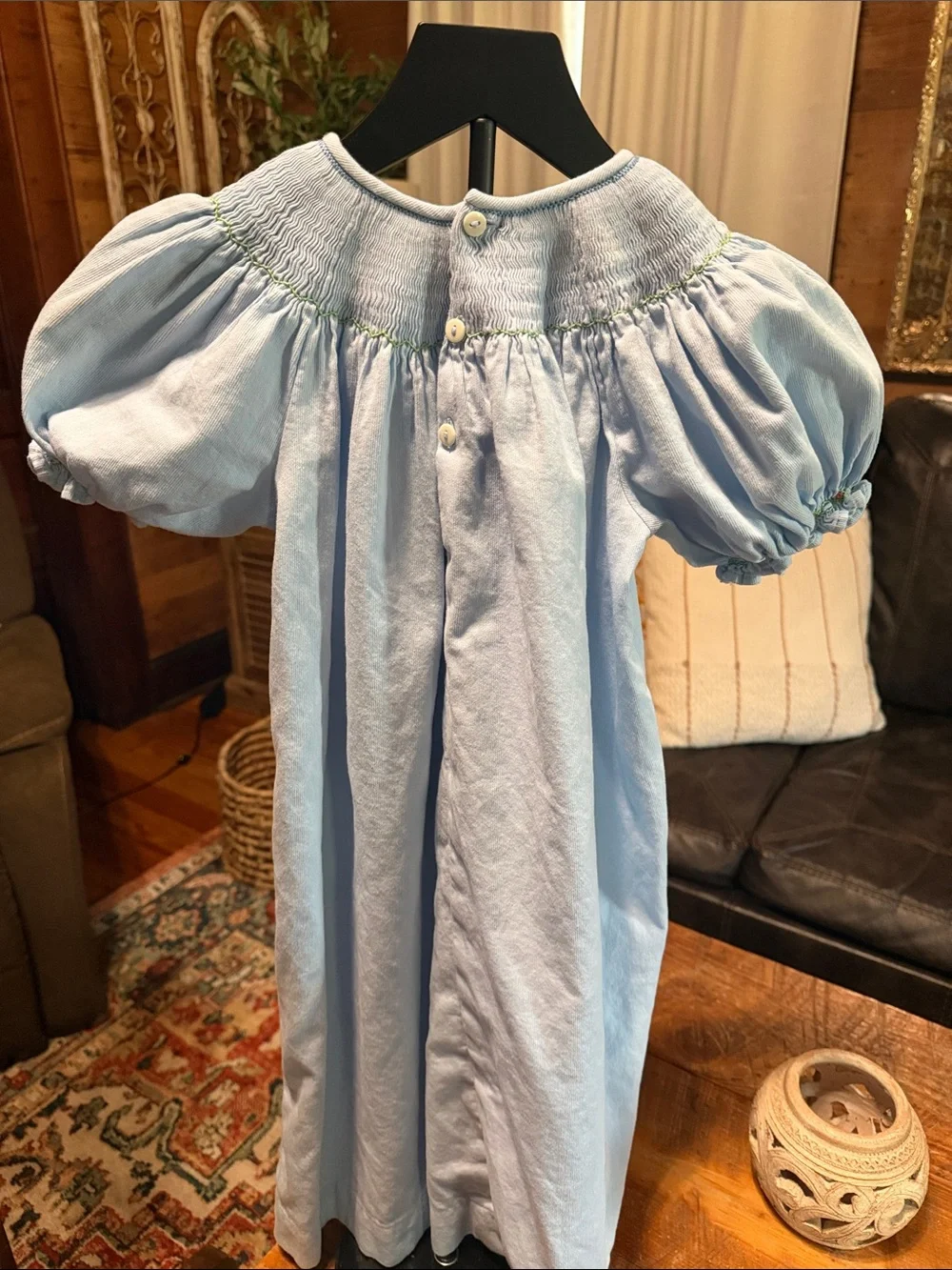 Light Blue Smocked Puff-Sleeve Kids Casual Dress